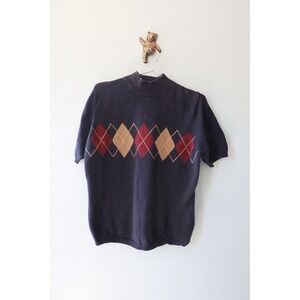 80s 90s Charter Club Mock Neck Sweater L Short Sleeve Navy Red Tan